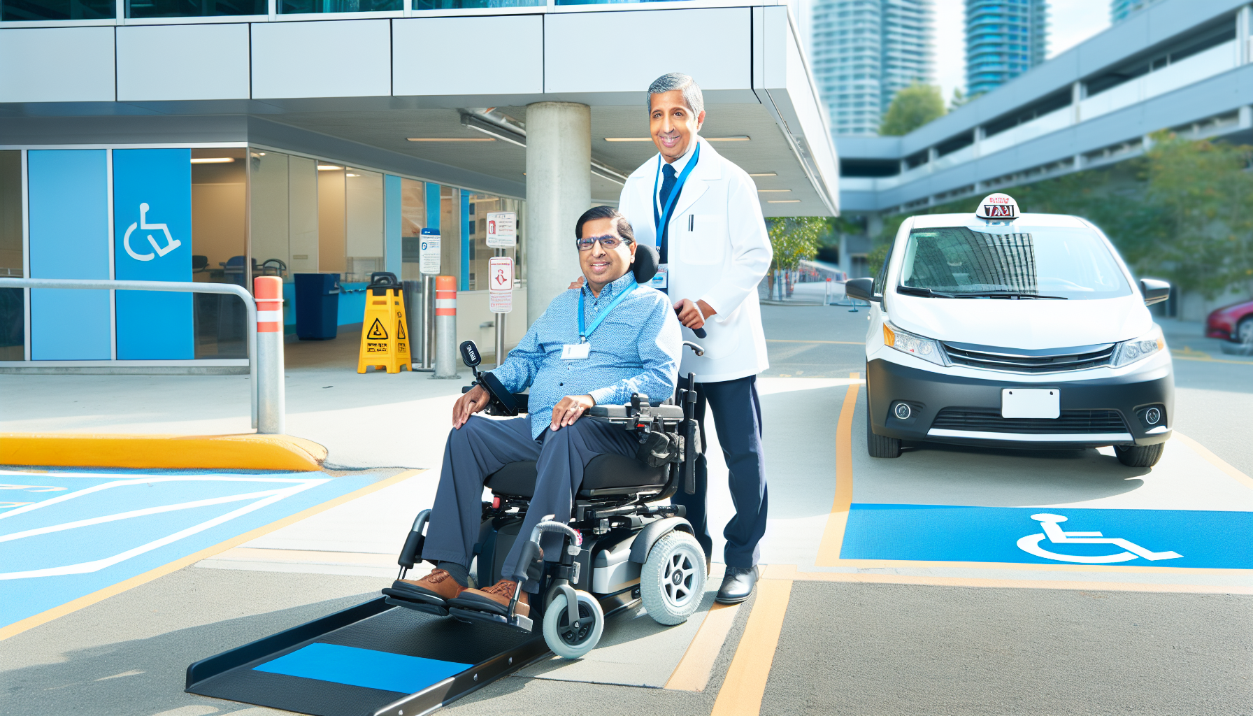 Doctor helps a man in a wheelchair roll toward an accessible ramp outside a hospital entrance.