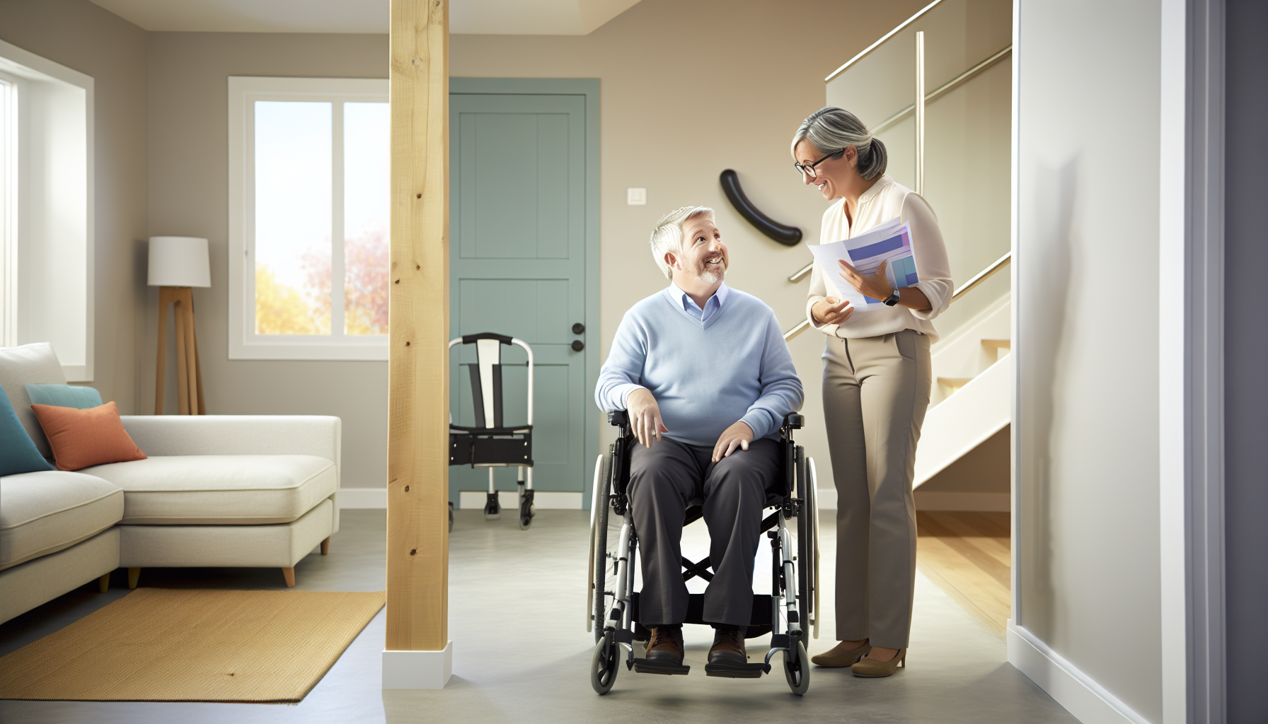 Caregiver standing beside an elderly man in a wheelchair, smiling and looking at him while holding documents in a bright home entryway