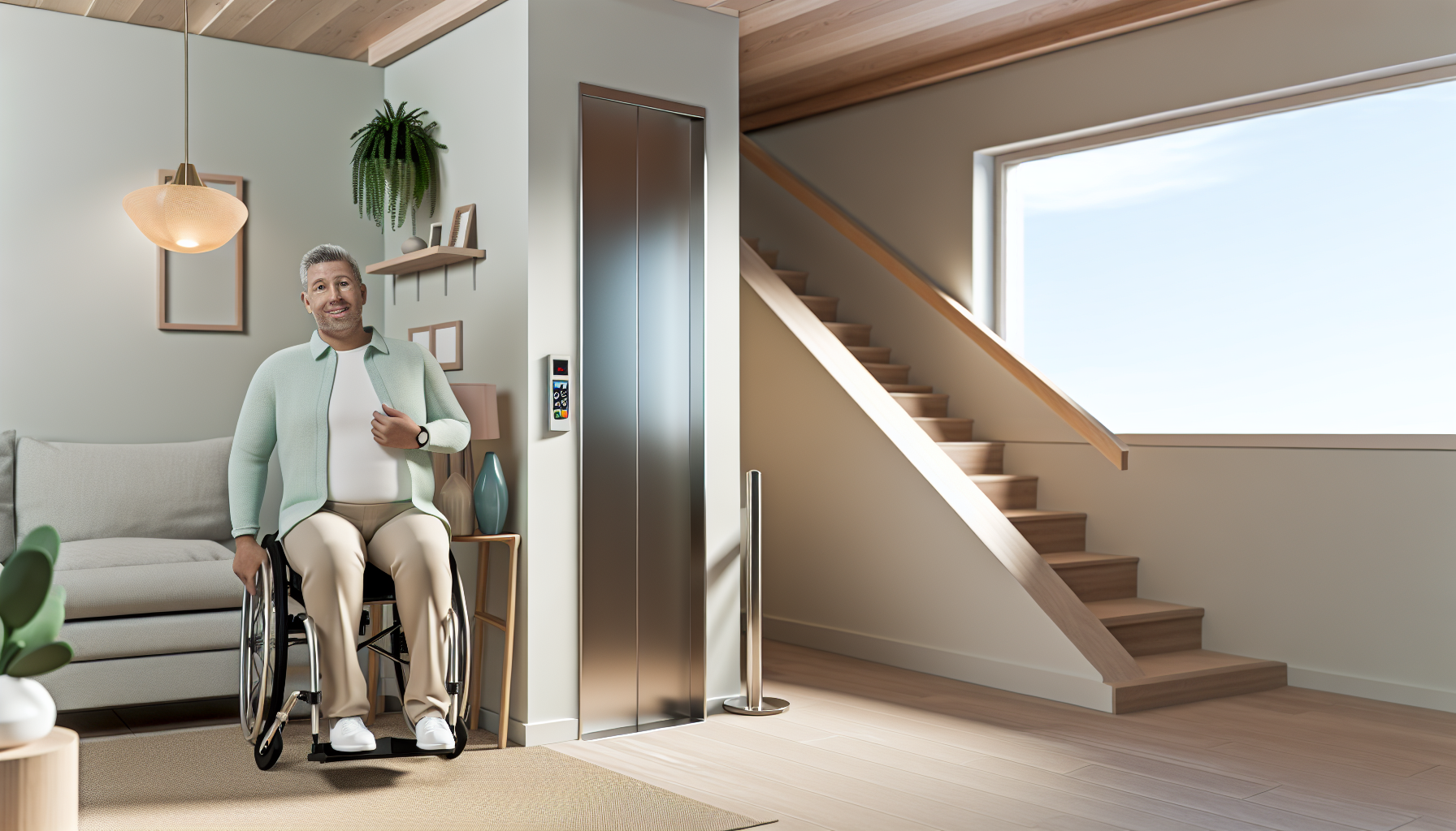 Man in a wheelchair beside an elevator in a modern living room with stairs to the right.
