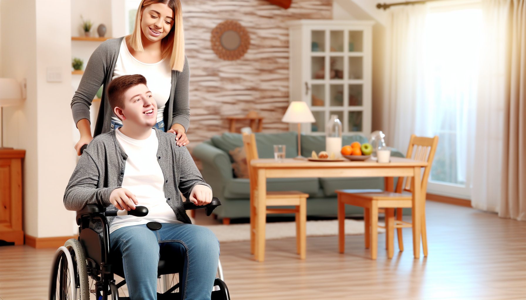 Woman behind man in a wheelchair, supporting him in a bright, cozy living room with a fruit table in the background.