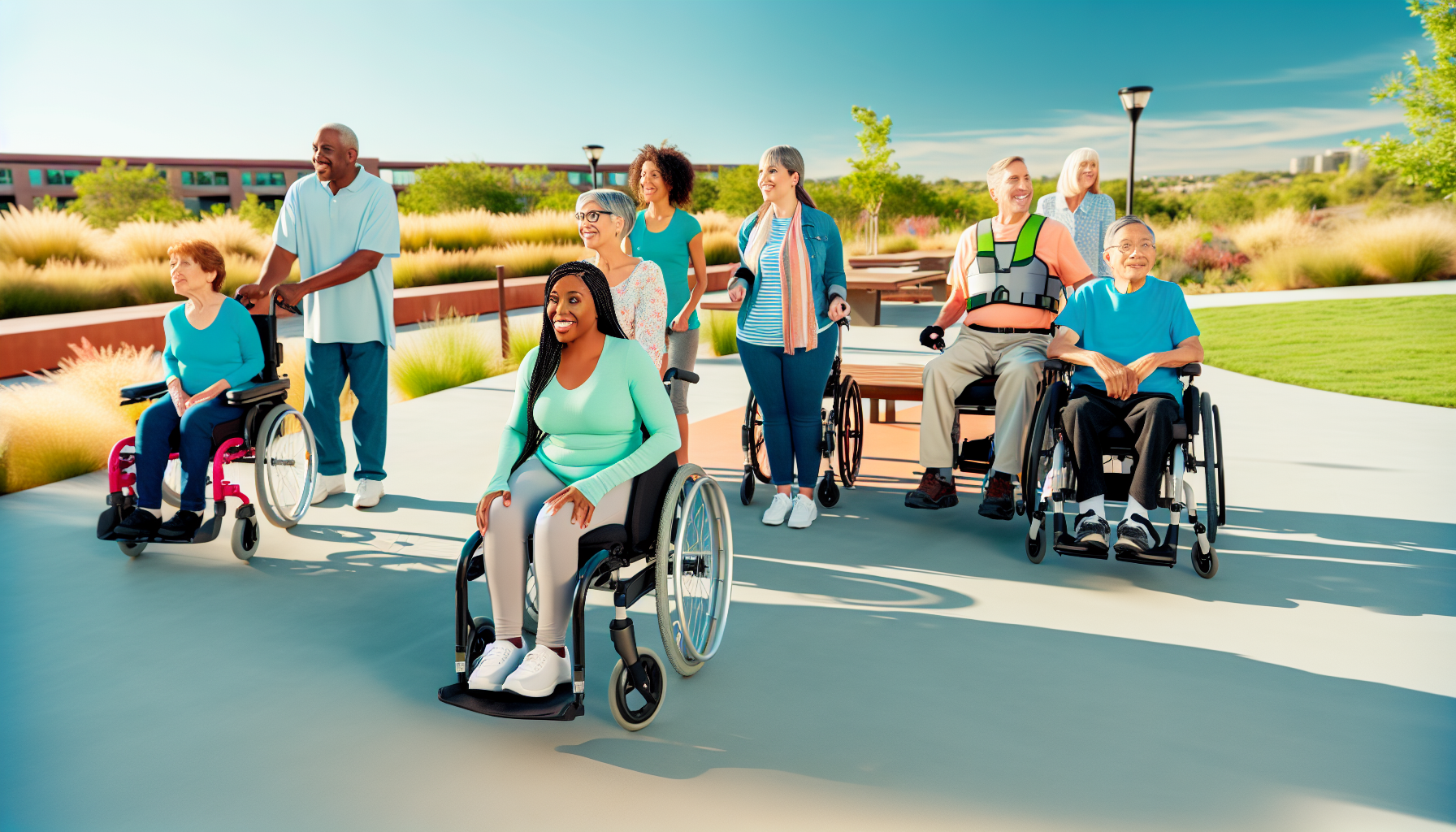 A diverse group of adults outdoors, several in wheelchairs, smiling in a sunny park setting with greenery and benches nearby.